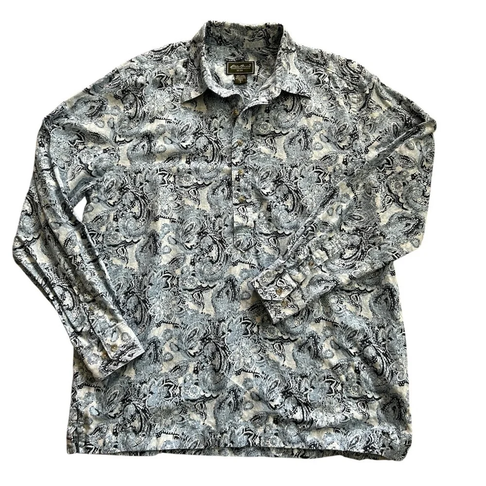 Eddie Bauer 70’s/y2k men’s cotton linen blend blue Paisley half button Size LT‌ - Picture 2 of 9
